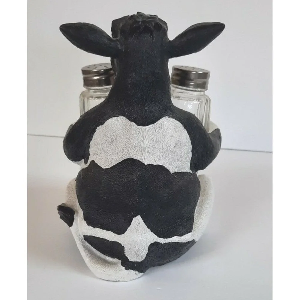 Cow Salt & Pepper Shaker Holder Set Black White Holstein Resin Farmhouse HD25971